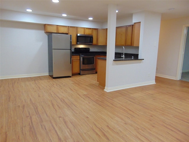 kitchen with sink, light hardwood / wood-style flooring, stainless steel appliances, and kitchen peninsula