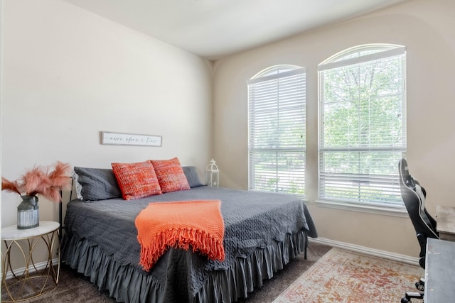 bedroom with dark colored carpet