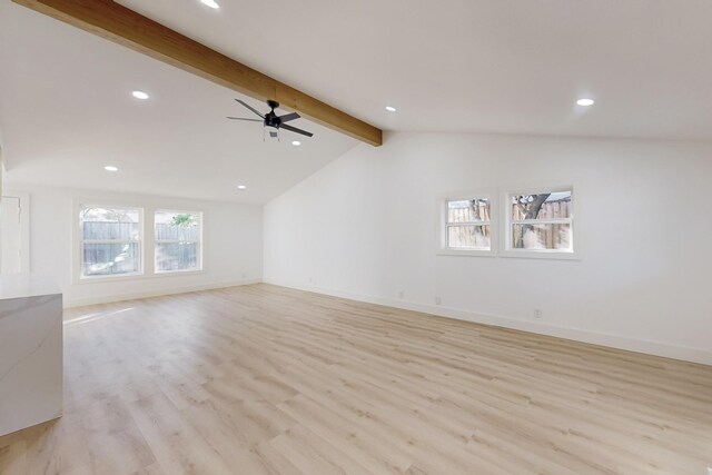 unfurnished living room with lofted ceiling with beams, light hardwood / wood-style floors, and ceiling fan