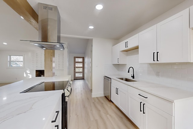 kitchen featuring appliances with stainless steel finishes, exhaust hood, sink, light hardwood / wood-style flooring, and white cabinetry