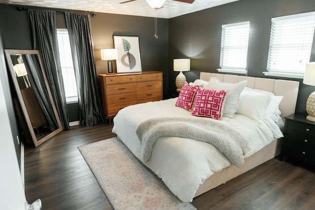 bedroom with multiple windows and dark hardwood / wood-style floors