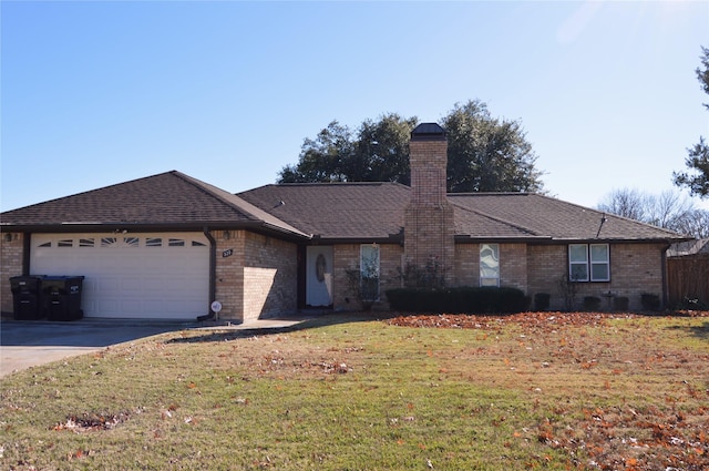 ranch-style home with a garage and a front lawn