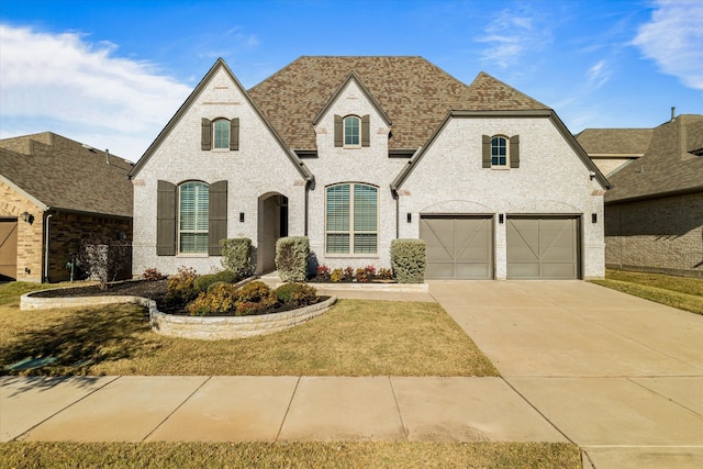 french country inspired facade featuring a garage and a front yard