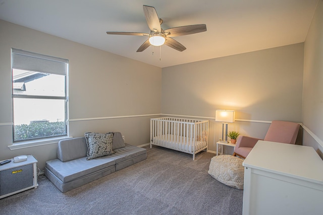 bedroom with ceiling fan and carpet flooring