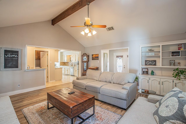 living room with high vaulted ceiling, sink, ceiling fan, beam ceiling, and light hardwood / wood-style flooring