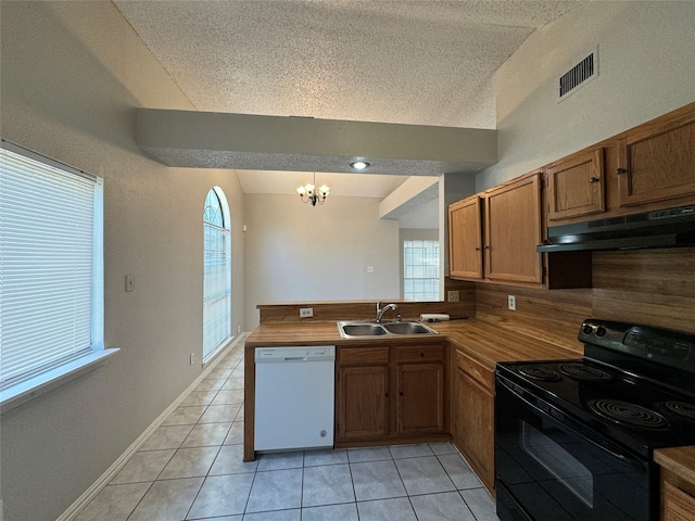 kitchen featuring decorative light fixtures, sink, electric range, white dishwasher, and kitchen peninsula