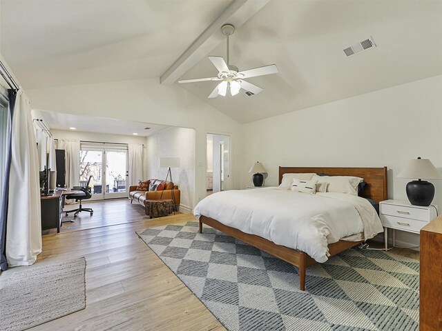 bedroom featuring vaulted ceiling with beams, ceiling fan, and wood-type flooring