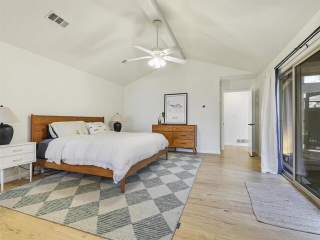 bedroom with access to outside, vaulted ceiling with beams, ceiling fan, and light wood-type flooring