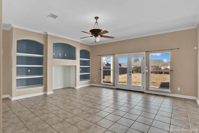 unfurnished living room with french doors, light tile patterned flooring, ceiling fan, and built in shelves