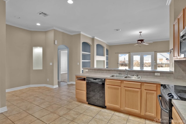 kitchen with crown molding, sink, light brown cabinets, and black appliances