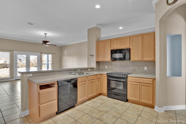 kitchen with sink, backsplash, ornamental molding, black appliances, and light brown cabinets