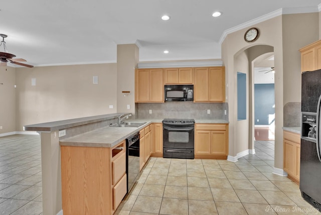 kitchen featuring sink, ceiling fan, black appliances, kitchen peninsula, and light brown cabinets