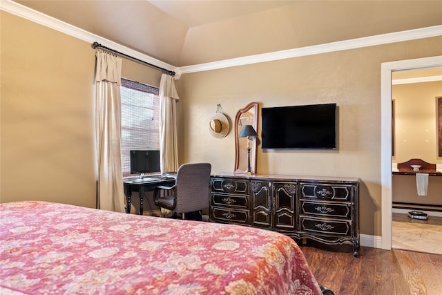 bedroom with dark hardwood / wood-style flooring and crown molding