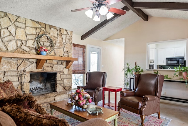 living room with lofted ceiling with beams, ceiling fan, a stone fireplace, and a textured ceiling