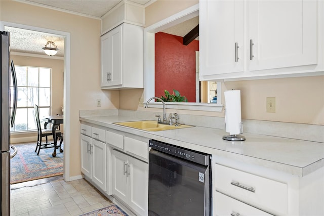 kitchen featuring sink, black dishwasher, beamed ceiling, stainless steel fridge, and white cabinets