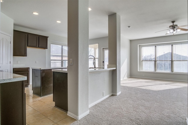 kitchen with light carpet, dark brown cabinets, ceiling fan, and sink