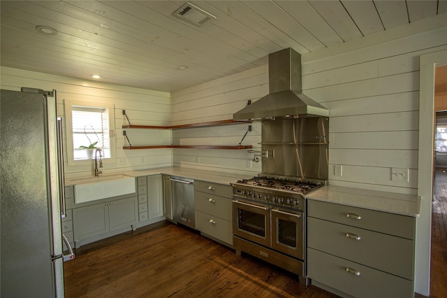 kitchen featuring stainless steel appliances, sink, wooden walls, ventilation hood, and gray cabinetry