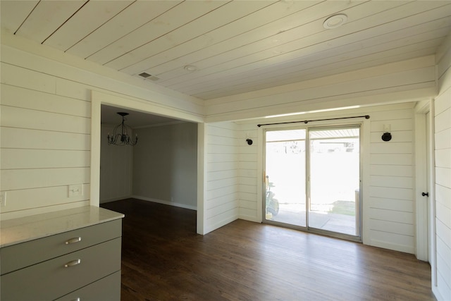 spare room with dark wood-type flooring, an inviting chandelier, wooden ceiling, and wood walls