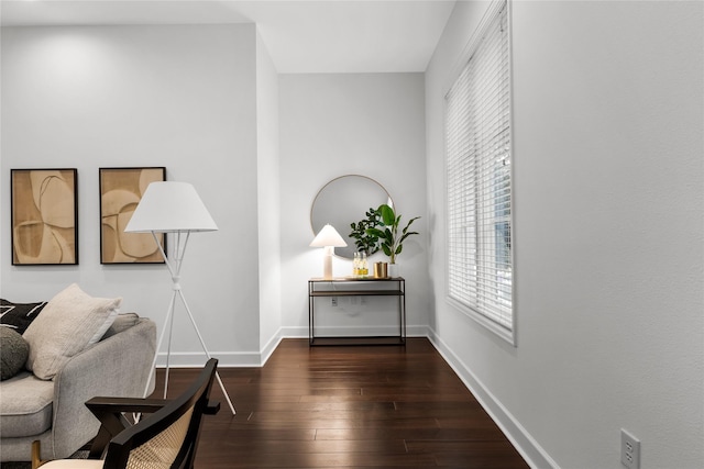 living area featuring a wealth of natural light and dark hardwood / wood-style flooring