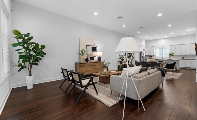 living room featuring dark wood-type flooring