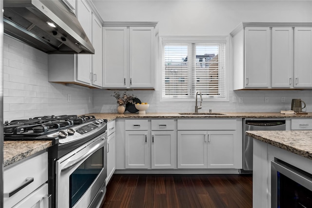 kitchen with sink, white cabinetry, ventilation hood, and appliances with stainless steel finishes