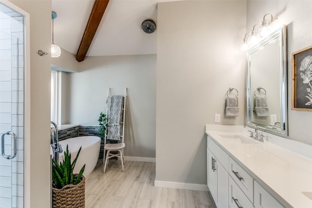 bathroom with vanity, hardwood / wood-style flooring, plus walk in shower, and vaulted ceiling with beams