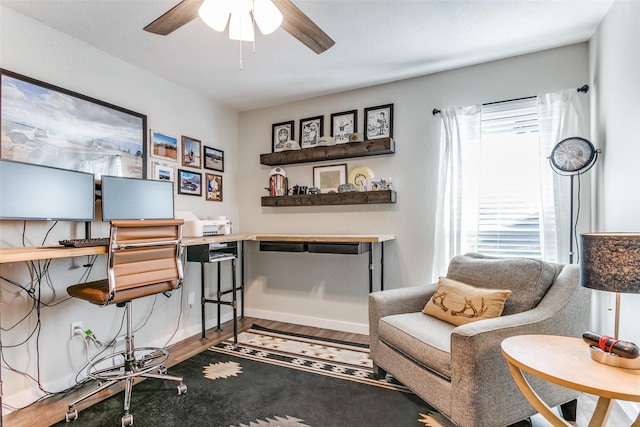 home office featuring ceiling fan, plenty of natural light, and wood-type flooring