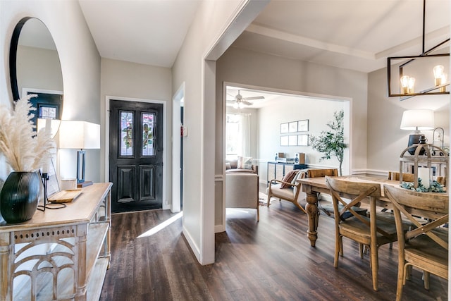 foyer entrance with dark hardwood / wood-style flooring and ceiling fan with notable chandelier