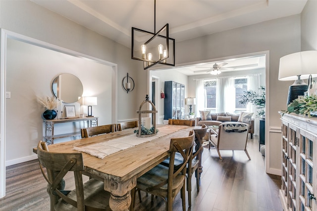 dining room with dark hardwood / wood-style flooring, a raised ceiling, and ceiling fan with notable chandelier