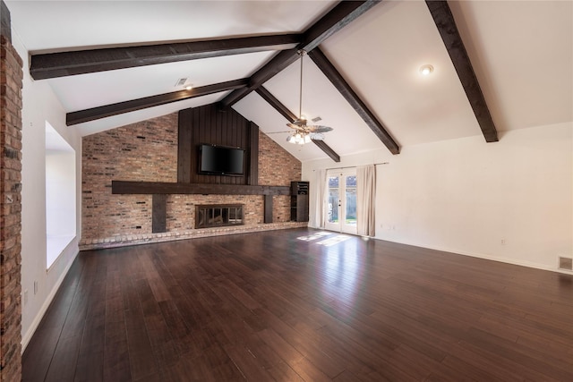 unfurnished living room featuring high vaulted ceiling, hardwood / wood-style flooring, ceiling fan, a fireplace, and beam ceiling