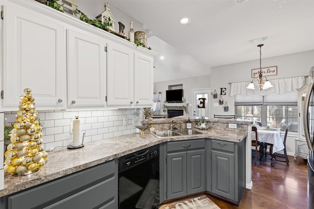 kitchen with sink, decorative light fixtures, white cabinets, black dishwasher, and gray cabinets