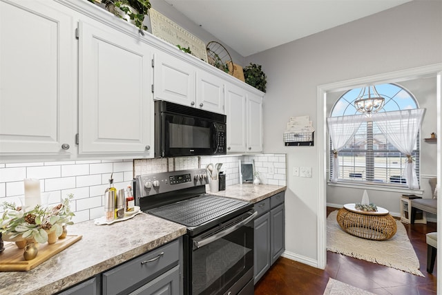 kitchen with gray cabinets, white cabinetry, and stainless steel range with electric cooktop