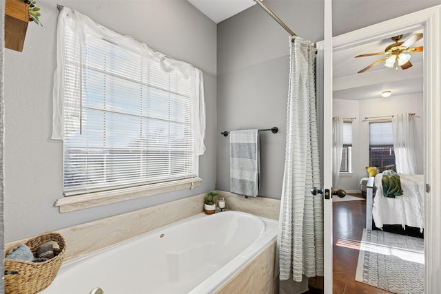 bathroom featuring independent shower and bath