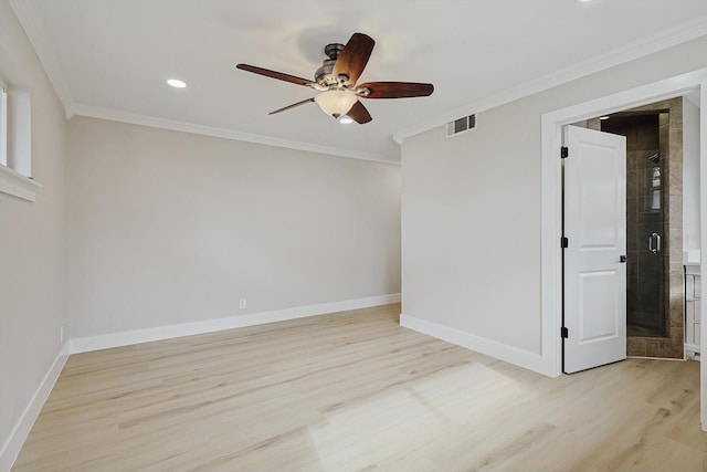 unfurnished room with ceiling fan, ornamental molding, and light hardwood / wood-style floors