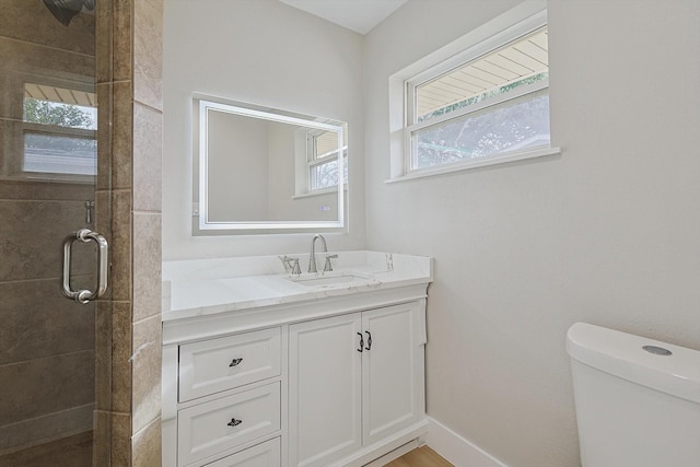 bathroom featuring an enclosed shower, vanity, plenty of natural light, and toilet