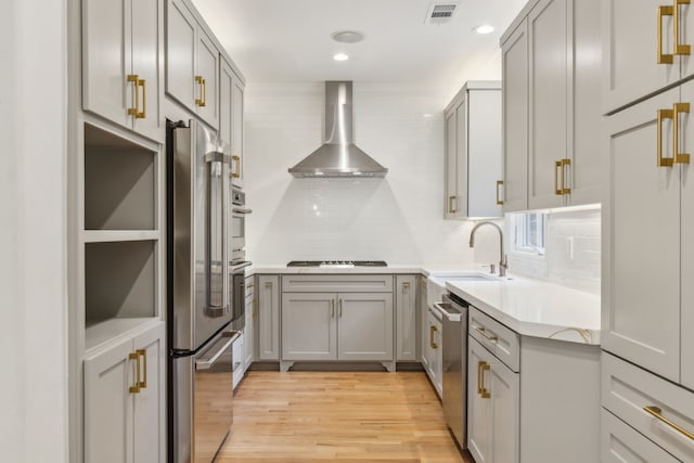 kitchen featuring sink, wall chimney range hood, gray cabinets, and appliances with stainless steel finishes