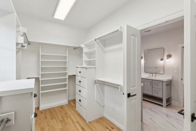 spacious closet featuring light wood-type flooring and sink