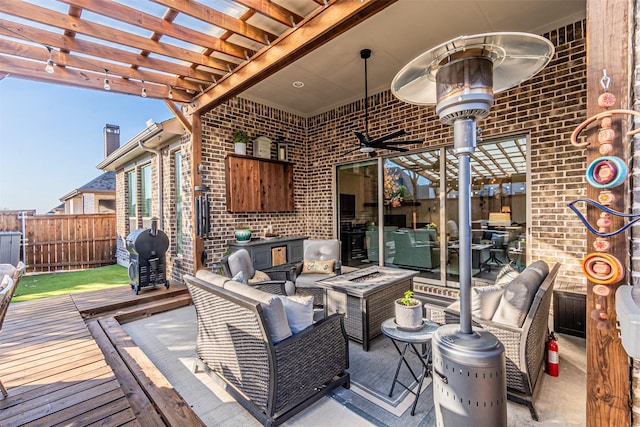 wooden deck with a pergola, area for grilling, and outdoor lounge area