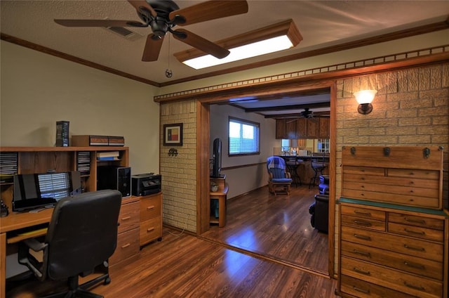 office area featuring crown molding, dark hardwood / wood-style flooring, and ceiling fan