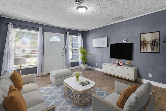 living room with light hardwood / wood-style floors and ornamental molding