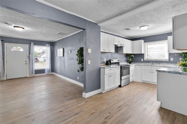 kitchen featuring light hardwood / wood-style floors, white cabinetry, stainless steel electric range oven, and sink