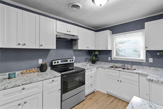 kitchen featuring white cabinetry, sink, stainless steel range with electric cooktop, and ornamental molding