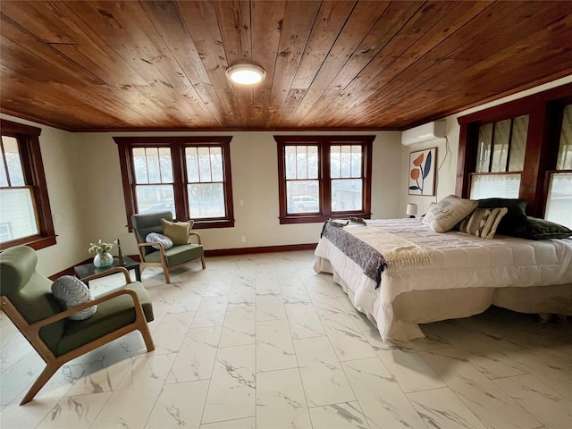 bedroom featuring wooden ceiling and a wall mounted air conditioner