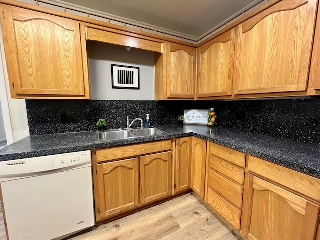 kitchen with white dishwasher, light hardwood / wood-style floors, sink, and backsplash