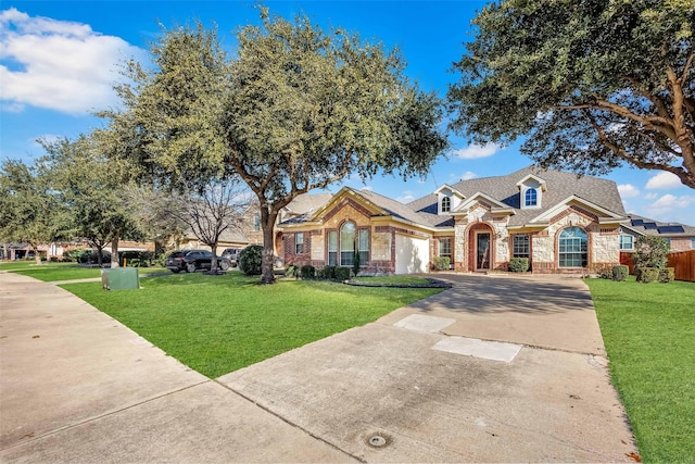 view of front of property featuring a garage and a front yard