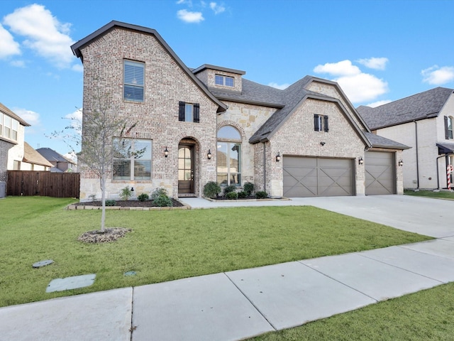 view of front of home with a garage and a front lawn