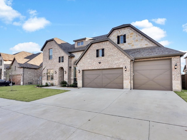 french country home featuring a garage and a front yard