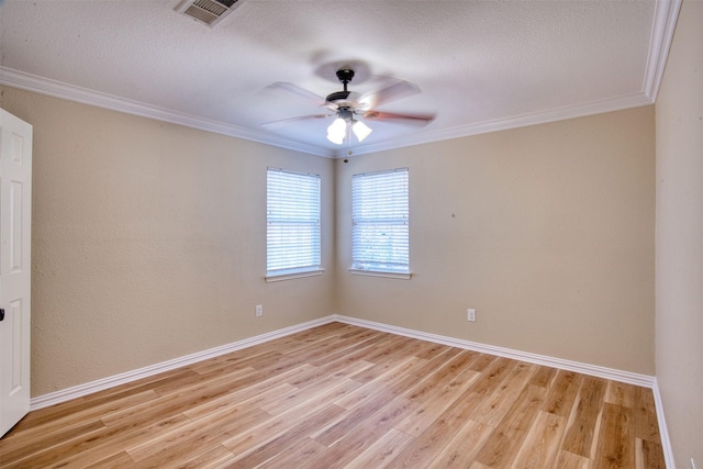 unfurnished room featuring ceiling fan, a textured ceiling, light hardwood / wood-style flooring, and ornamental molding