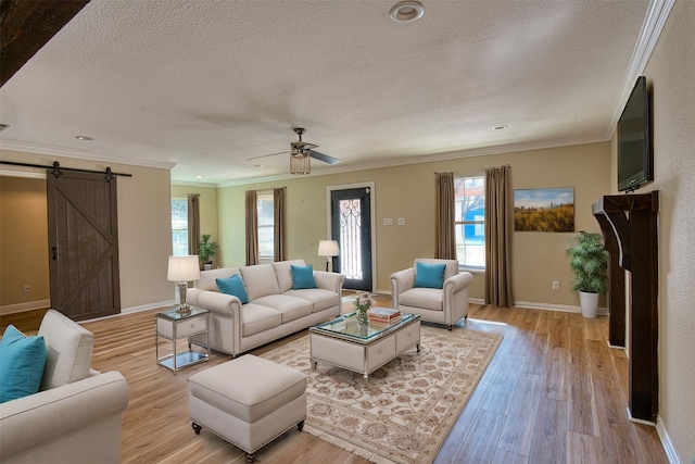 living room featuring ceiling fan, a barn door, light wood-type flooring, ornamental molding, and a textured ceiling