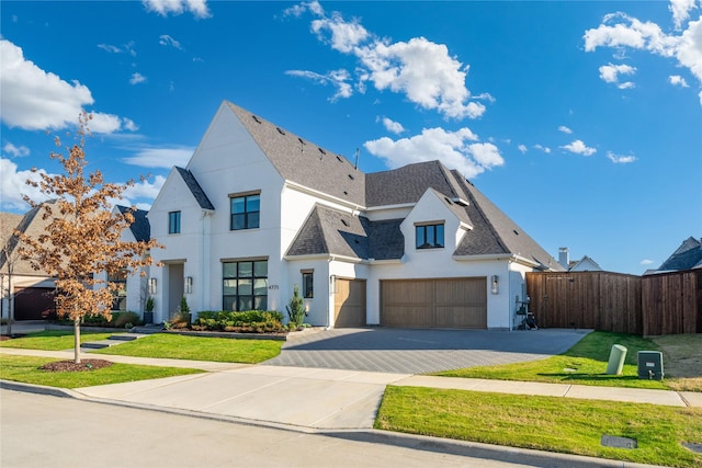 view of front of property with a front yard and a garage